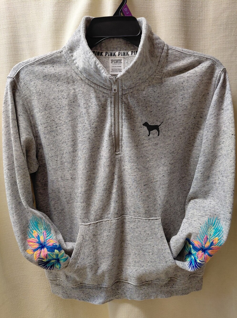 PINK Victoria's Secret Gray Zip Hoodie Black Logo Trim & Embroidered Sleeves